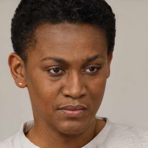 Neutral black young-adult female with short  brown hair and brown eyes