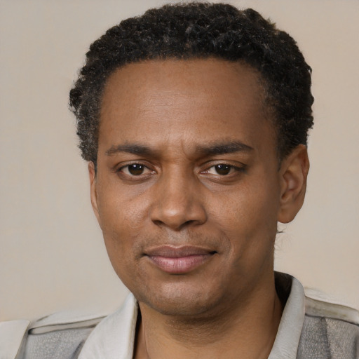 Joyful black young-adult male with short  brown hair and brown eyes