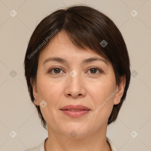 Joyful white adult female with medium  brown hair and brown eyes