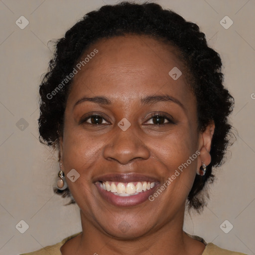 Joyful black adult female with short  brown hair and brown eyes