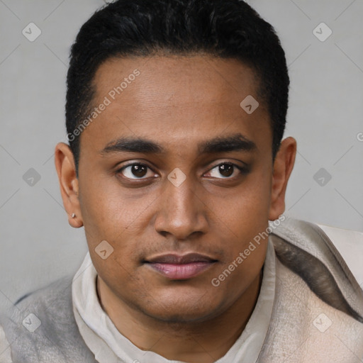 Neutral black young-adult male with short  black hair and brown eyes