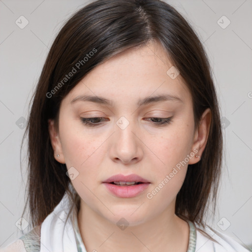 Neutral white young-adult female with medium  brown hair and brown eyes