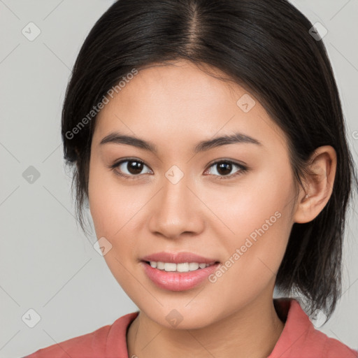 Joyful white young-adult female with medium  brown hair and brown eyes