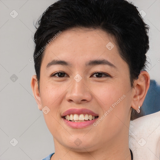 Joyful white young-adult female with short  brown hair and brown eyes