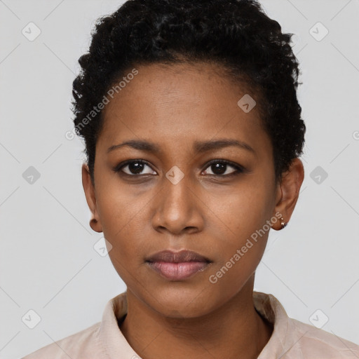 Neutral black young-adult female with short  black hair and brown eyes