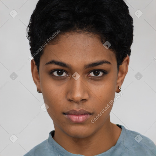 Neutral latino young-adult female with short  black hair and brown eyes