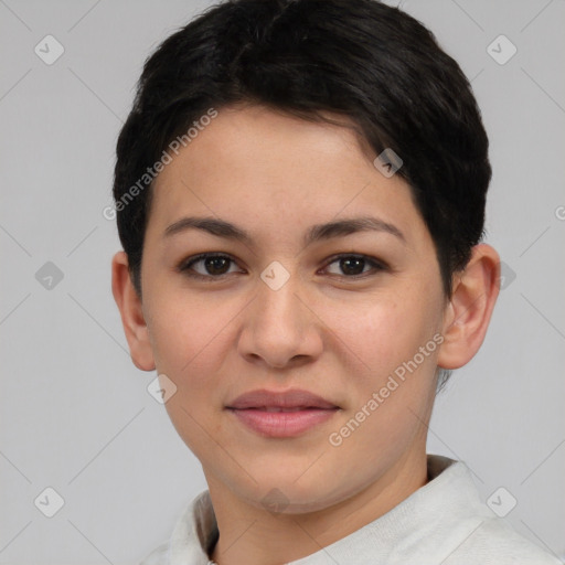 Joyful asian young-adult female with short  brown hair and brown eyes