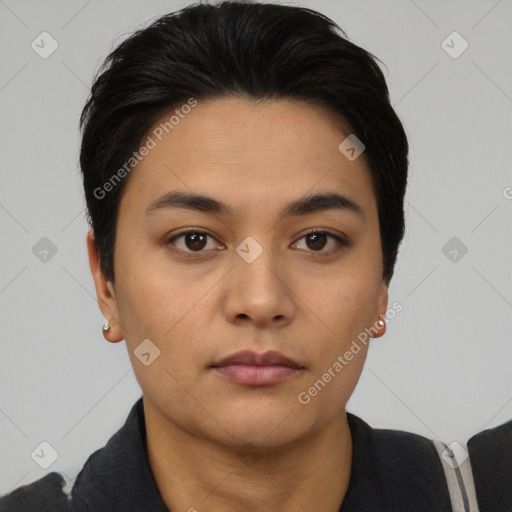 Neutral asian young-adult female with short  black hair and brown eyes