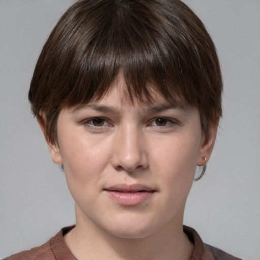 Joyful white young-adult male with medium  brown hair and grey eyes