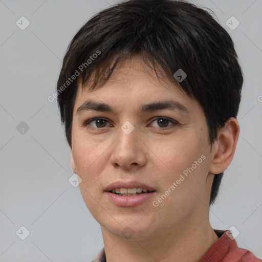 Joyful asian young-adult female with short  brown hair and brown eyes