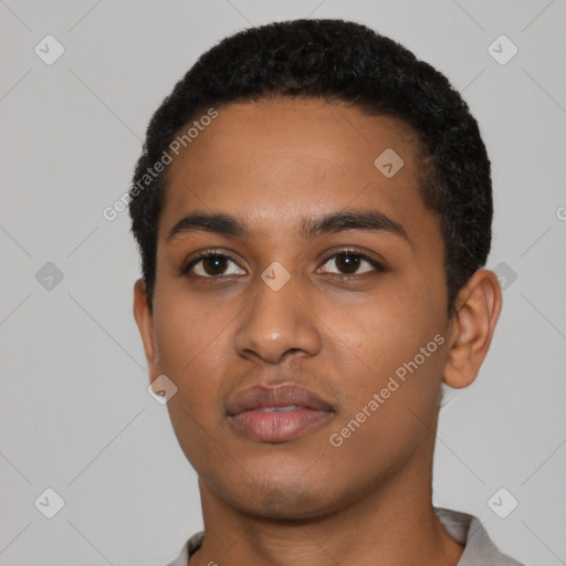 Neutral latino young-adult male with short  black hair and brown eyes