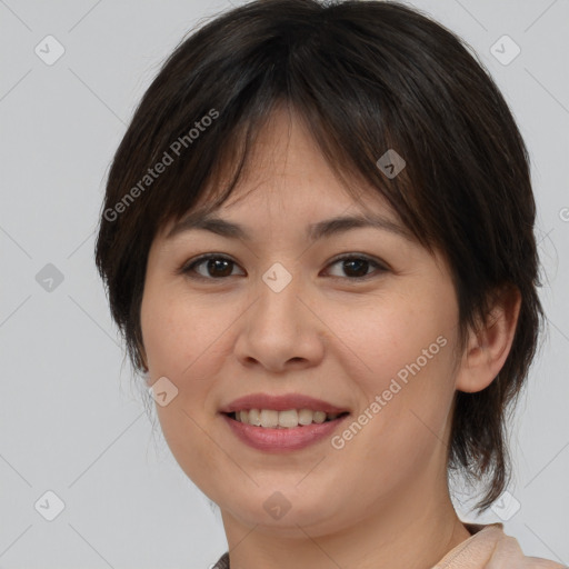 Joyful white young-adult female with medium  brown hair and brown eyes