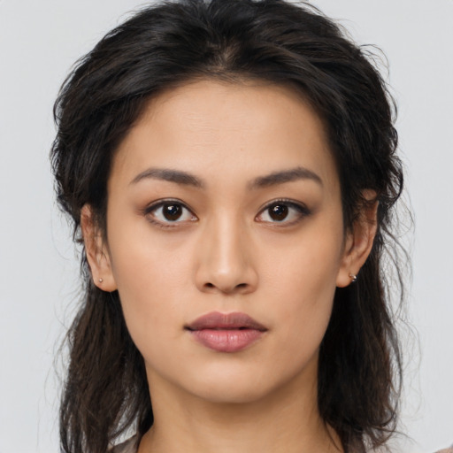 Neutral asian young-adult female with long  brown hair and brown eyes