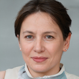 Joyful white adult female with short  brown hair and grey eyes