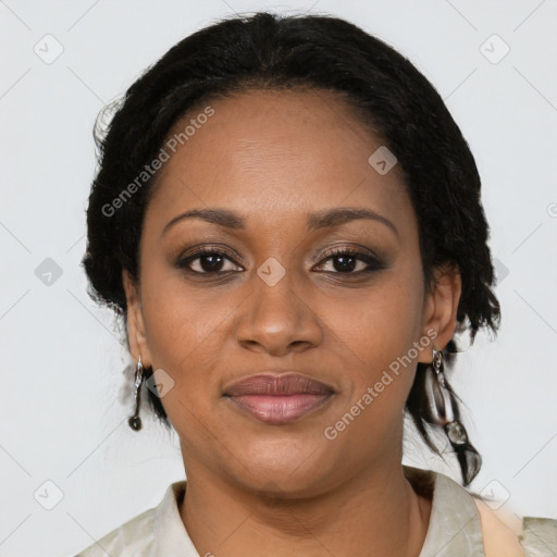 Joyful black young-adult female with medium  black hair and brown eyes