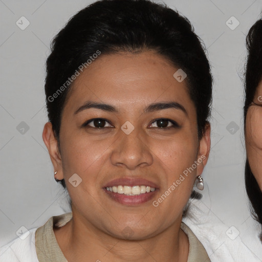 Joyful latino young-adult female with short  brown hair and brown eyes