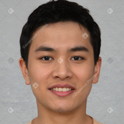 Joyful asian young-adult male with short  black hair and brown eyes