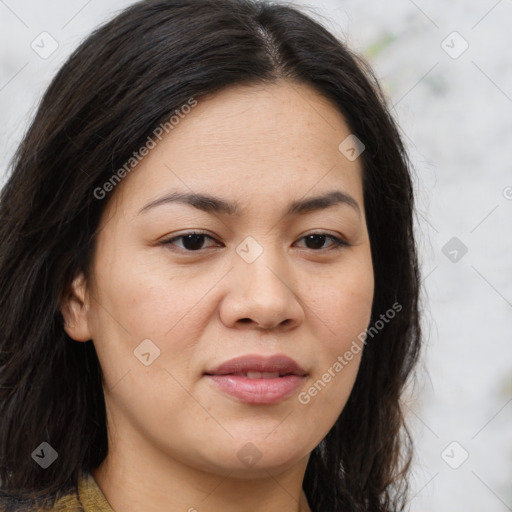 Joyful asian young-adult female with long  brown hair and brown eyes