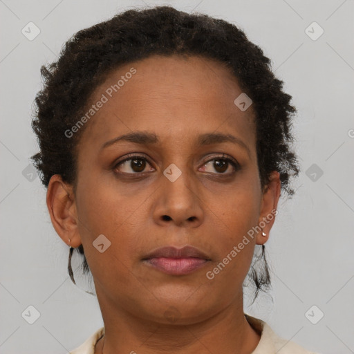 Neutral black young-adult female with short  brown hair and brown eyes