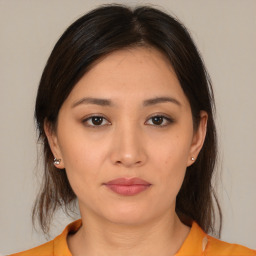 Neutral asian young-adult female with medium  brown hair and brown eyes