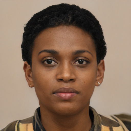 Neutral black young-adult female with short  black hair and brown eyes