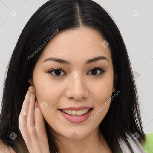 Joyful white young-adult female with long  brown hair and brown eyes