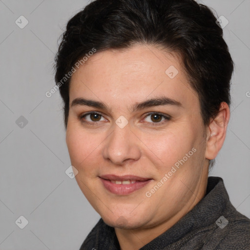 Joyful white young-adult female with short  brown hair and brown eyes