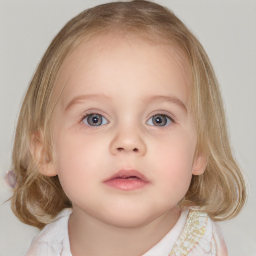 Neutral white child female with medium  brown hair and blue eyes