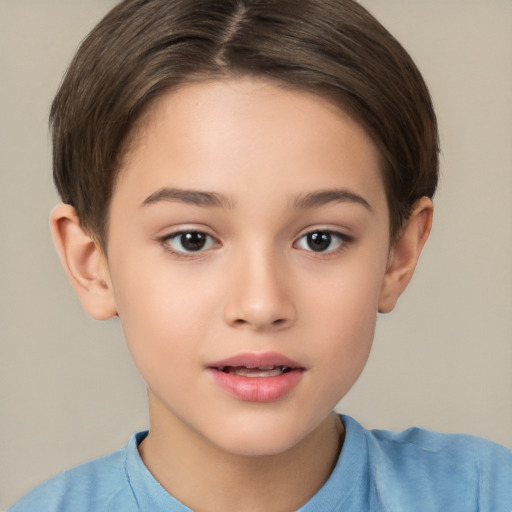 Joyful white child female with short  brown hair and brown eyes