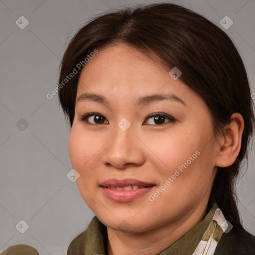 Joyful asian young-adult female with medium  brown hair and brown eyes