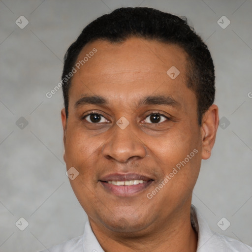 Joyful latino adult male with short  black hair and brown eyes