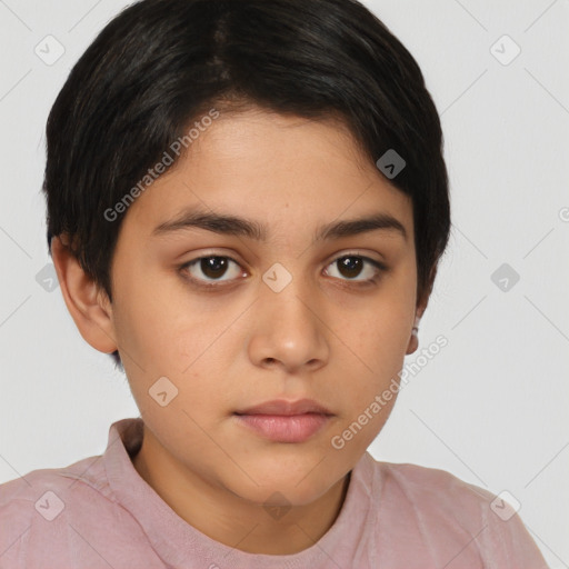 Neutral white young-adult female with short  brown hair and brown eyes
