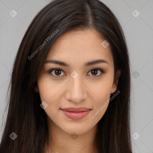 Joyful latino young-adult female with long  brown hair and brown eyes