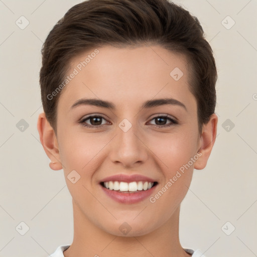 Joyful white young-adult female with short  brown hair and brown eyes