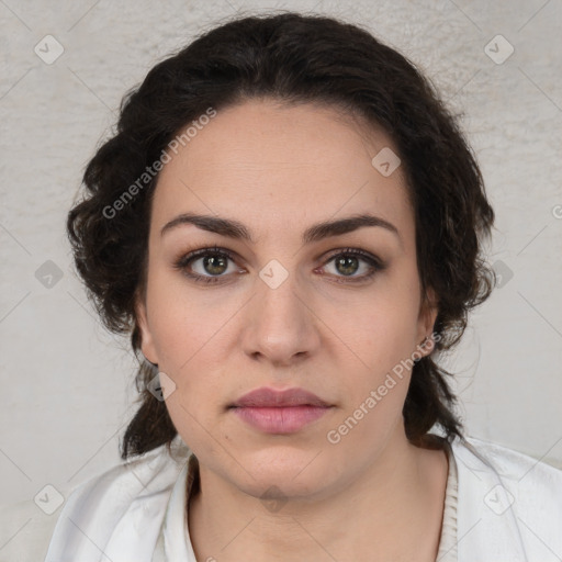 Neutral white young-adult female with medium  brown hair and brown eyes