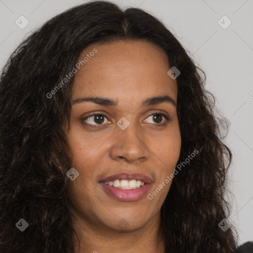 Joyful latino young-adult female with long  brown hair and brown eyes