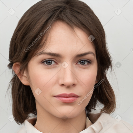 Neutral white young-adult female with medium  brown hair and grey eyes