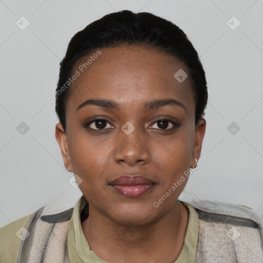 Neutral black young-adult female with short  black hair and brown eyes