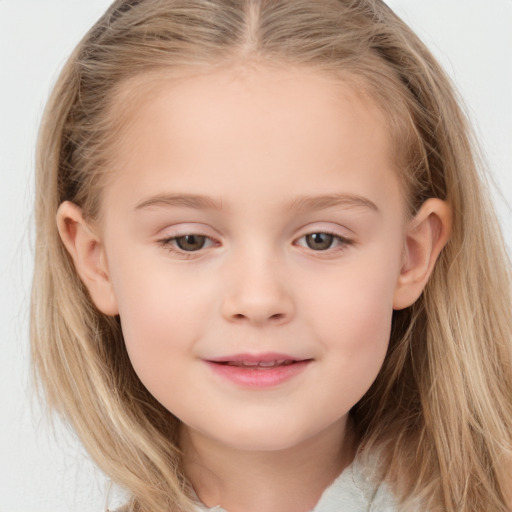 Joyful white child female with long  brown hair and grey eyes