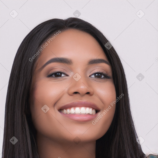 Joyful latino young-adult female with long  black hair and brown eyes