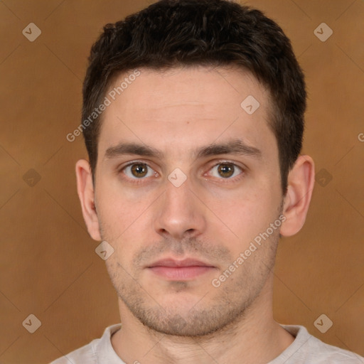 Neutral white young-adult male with short  brown hair and brown eyes