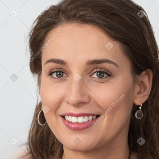 Joyful white young-adult female with long  brown hair and grey eyes