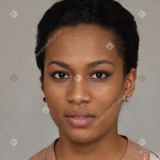 Neutral black young-adult female with short  black hair and brown eyes