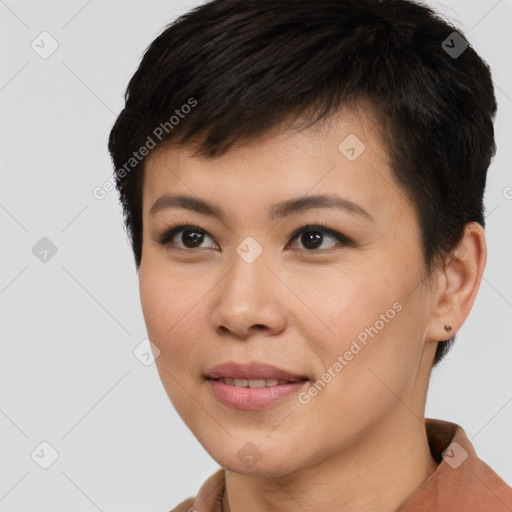 Joyful white young-adult female with short  brown hair and brown eyes