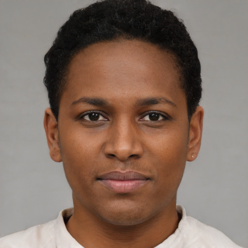 Neutral black young-adult female with short  brown hair and brown eyes