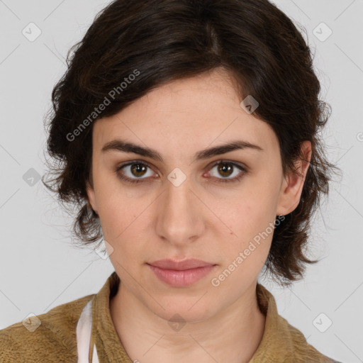 Neutral white young-adult female with medium  brown hair and brown eyes