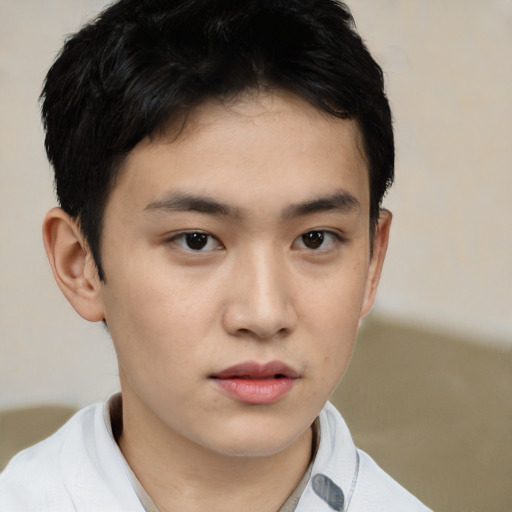 Neutral asian young-adult male with short  brown hair and brown eyes
