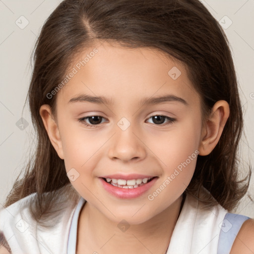 Joyful white child female with medium  brown hair and brown eyes