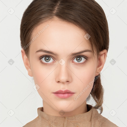 Neutral white young-adult female with short  brown hair and brown eyes