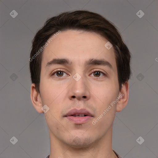 Neutral white young-adult male with short  brown hair and brown eyes